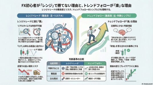 FX初心者がレンジトレードで勝ちにくい理由と、トレンドフォローの方が判断しやすい構造を比較解説した図解イラスト