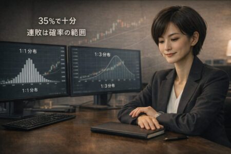 勝率35％でも優位性が成立し連敗は確率の範囲内であることを示す統計イメージ