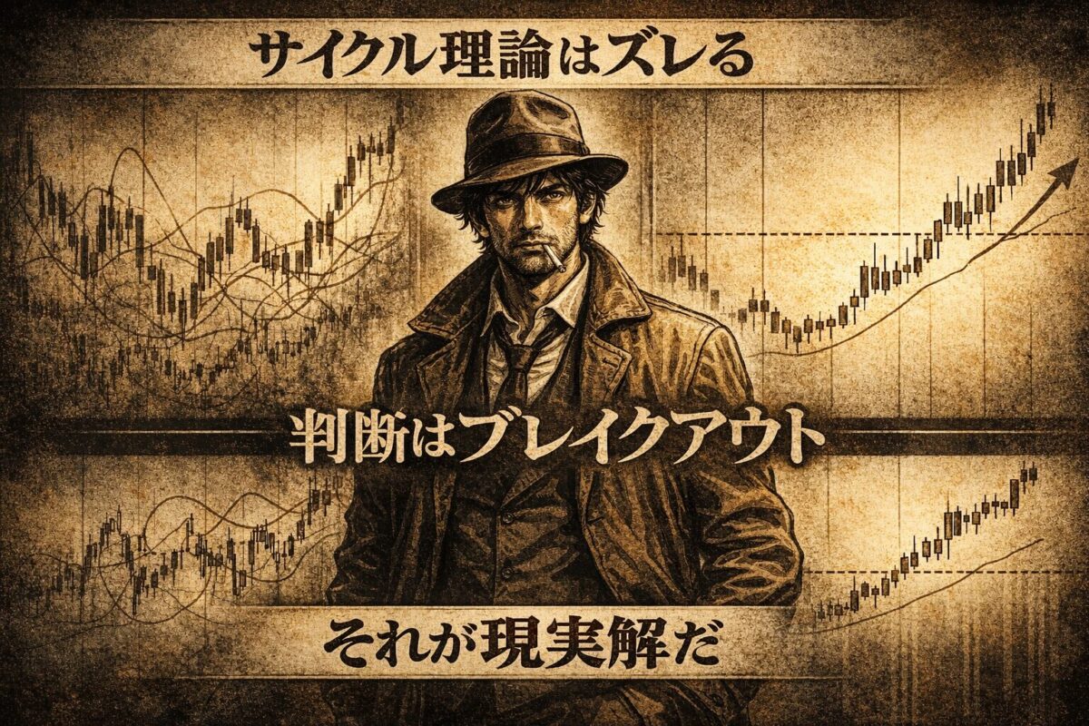 サイクル理論はズレるため最終判断はブレイクアウトに委ねるというFXトレードの考え方を表したイメージ
