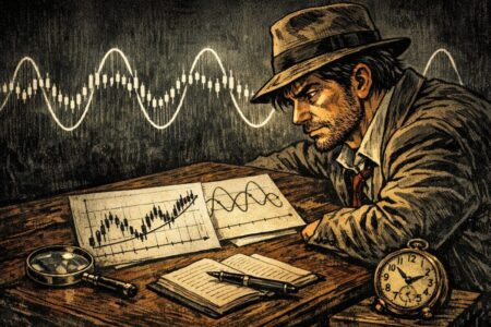 FXサイクル理論の周期と波形を分析しているトレーダーのイメージ図