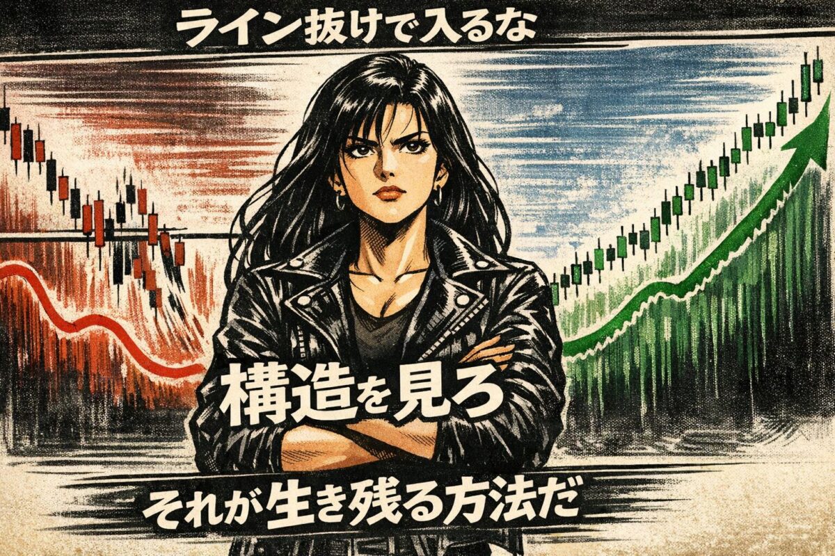 ラインではなく相場構造でトレードする重要性を示す昭和劇画風女性トレーダー