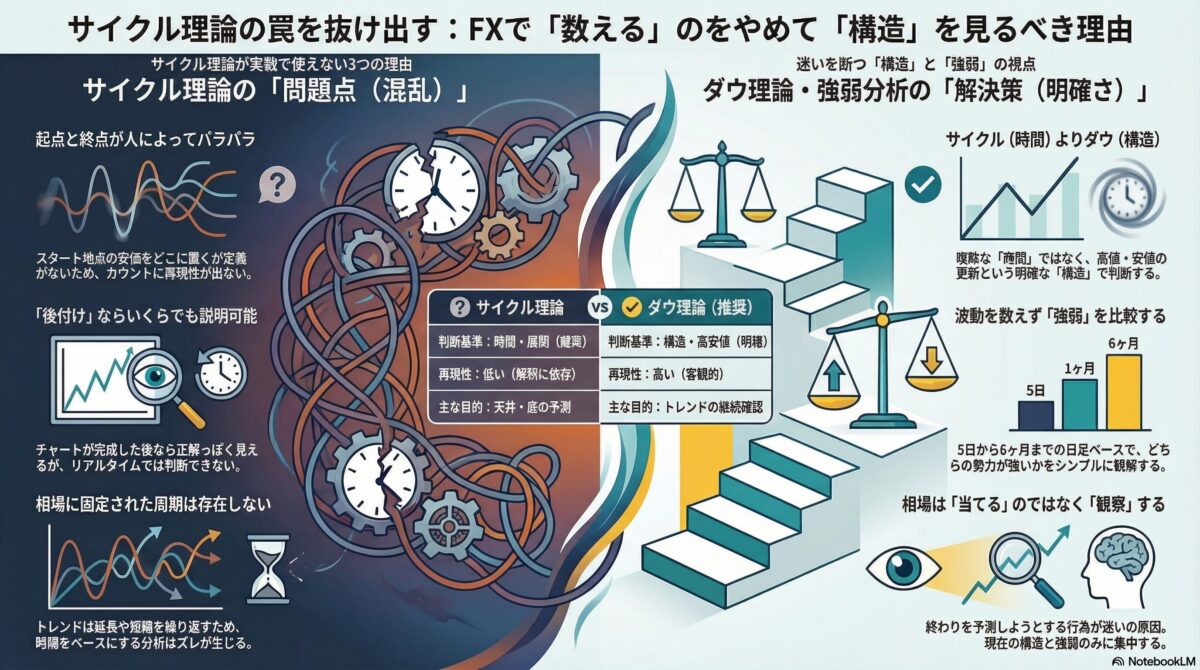 サイクル理論とダウ理論の違いを示した比較図(起点の曖昧さと構造分析の明確さ)