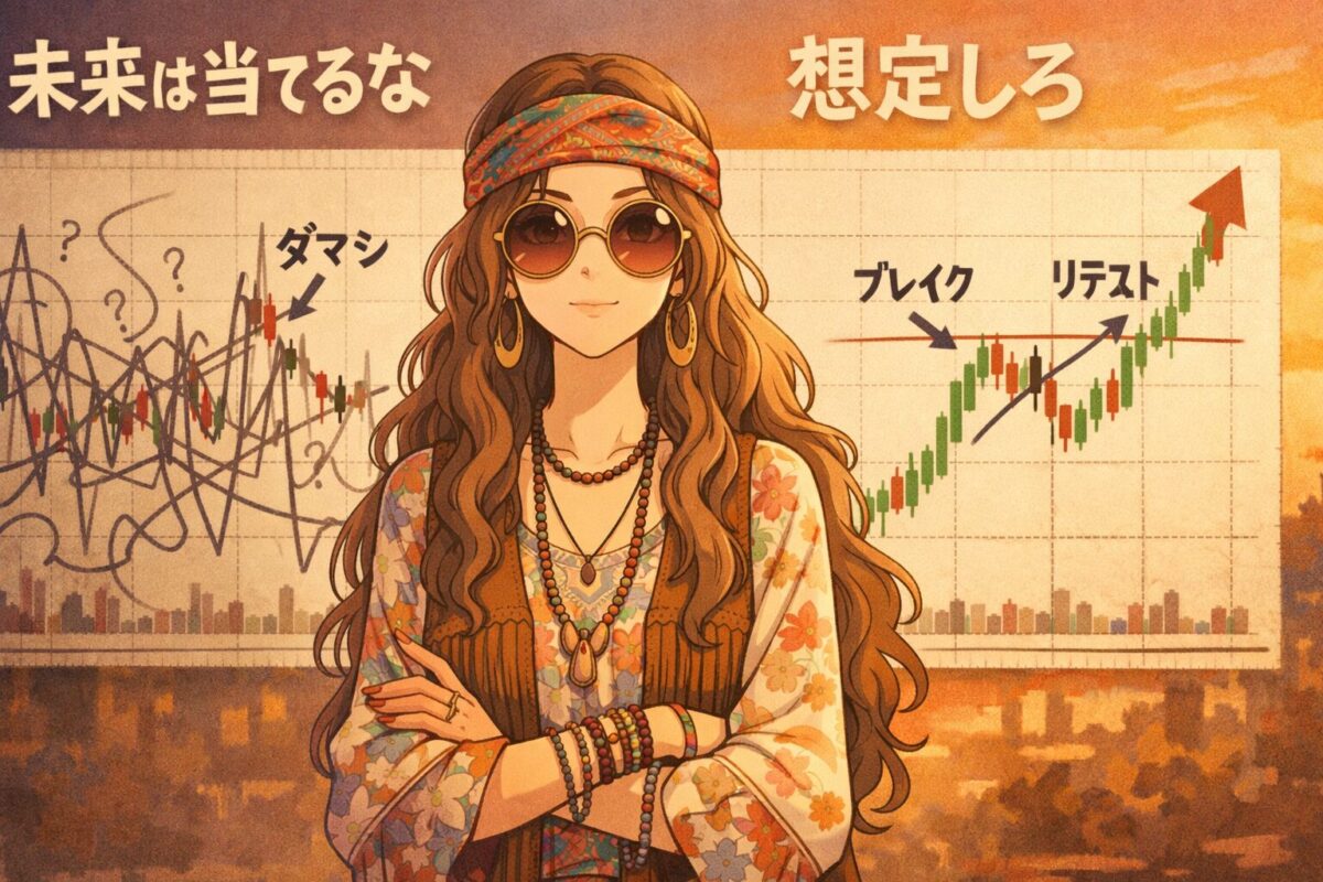 ブレイクアウトとN字構造をシナリオで考える女性トレーダーのイラスト