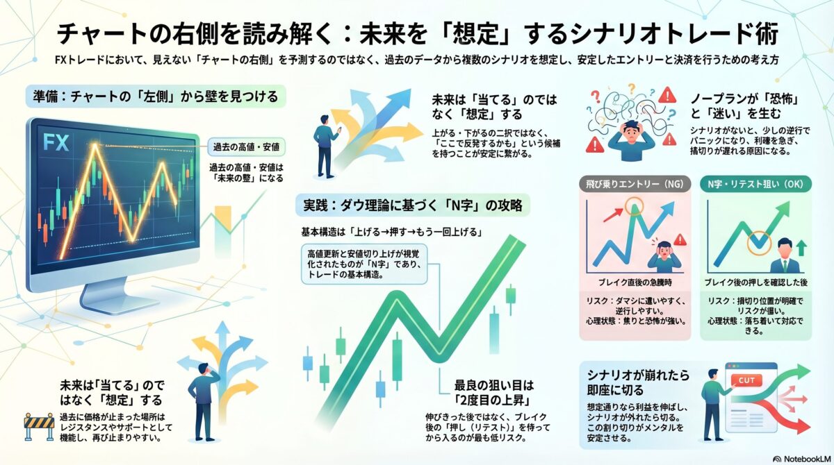 チャートの右側を想定するシナリオトレードとダウ理論のN字構造を解説した図