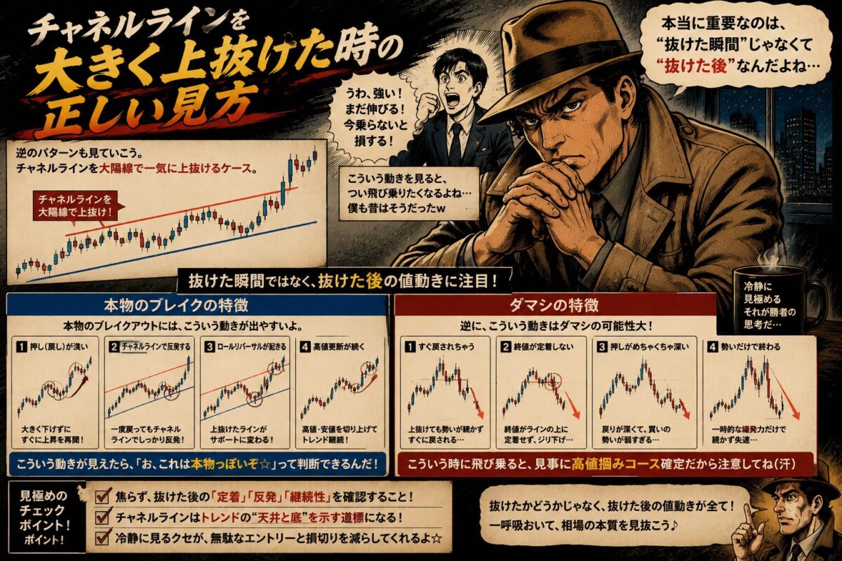 チャネルライン上抜け後の本物のブレイクアウトとダマシの違いを比較した昭和劇画風FX解説画像。継続性とロールリバーサルの重要性を示している。