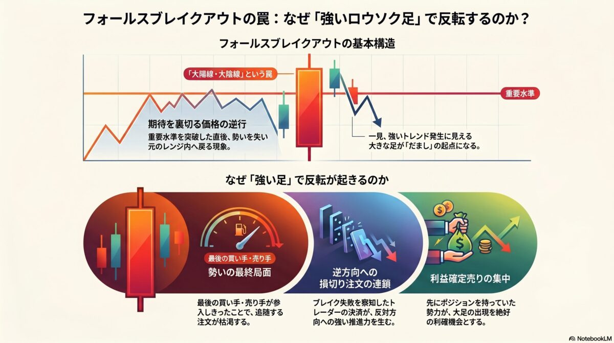 フォールスブレイクアウトで強いローソク足出現後に反転する仕組みを解説した図解。大陽線・大陰線ブレイク後のダマシ、損切り連鎖、利益確定売りの流れを示している。
