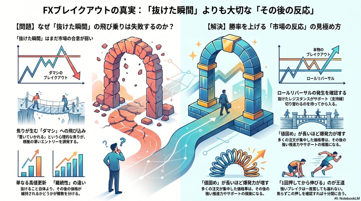 FXブレイクアウトの本質と市場の反応を図解した教育用イラスト
