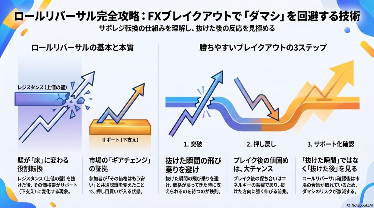 FXブレイクアウトにおけるロールリバーサルの仕組みを解説した図。レジスタンスがサポートへ転換し、押し戻し後に上昇する流れを説明。
