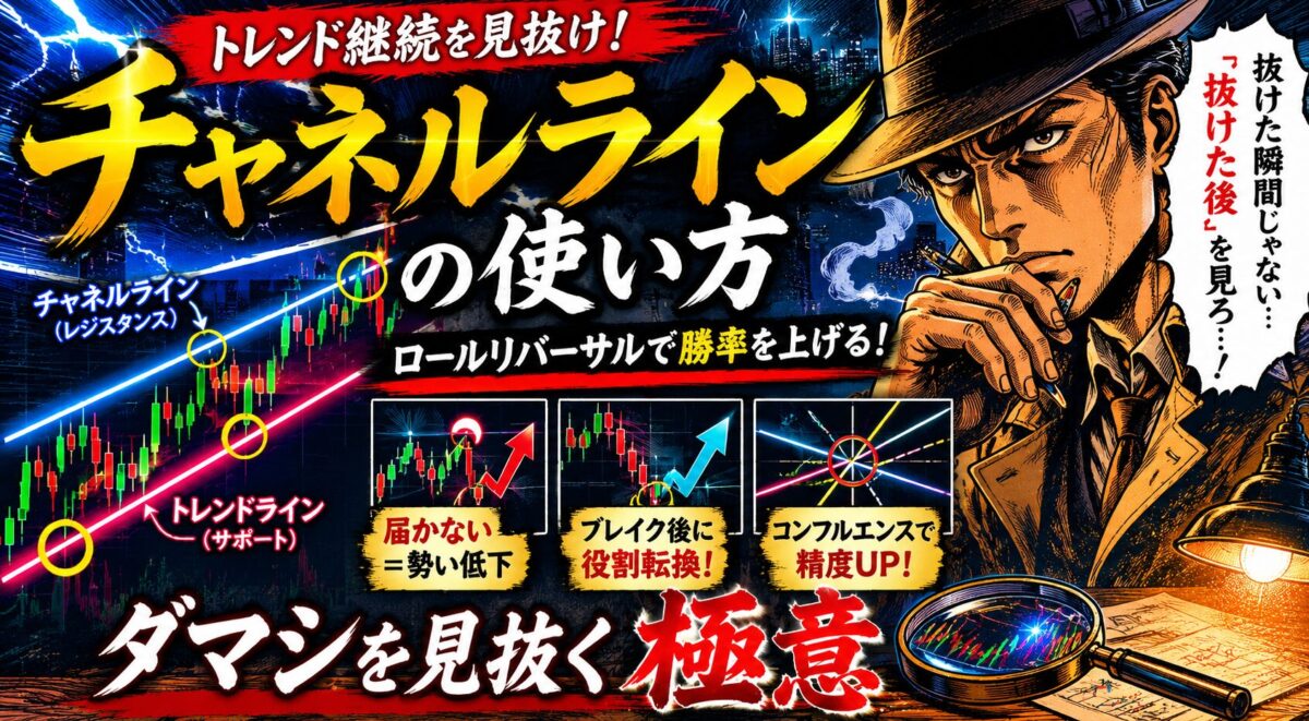 FXチャネルラインの使い方とトレンド継続の見抜き方を解説した昭和劇画風アイキャッチ画像。探偵風の男性キャラクターとロールリバーサルを描いている。