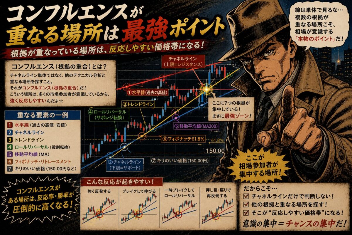 コンフルエンスによる根拠の重合と反応しやすい価格帯を解説した昭和劇画風FX分析画像。チャネルライン・水平線・フィボナッチなどの重なりを描いている。