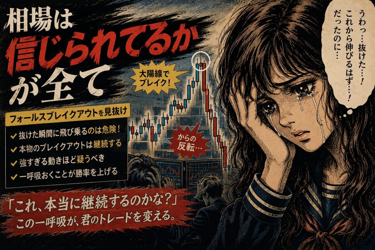 フォールスブレイクアウトのダマシと相場心理をテーマにした昭和劇画風アイキャッチ画像。急反転するFXチャートと悲壮感漂う少女を描いている。