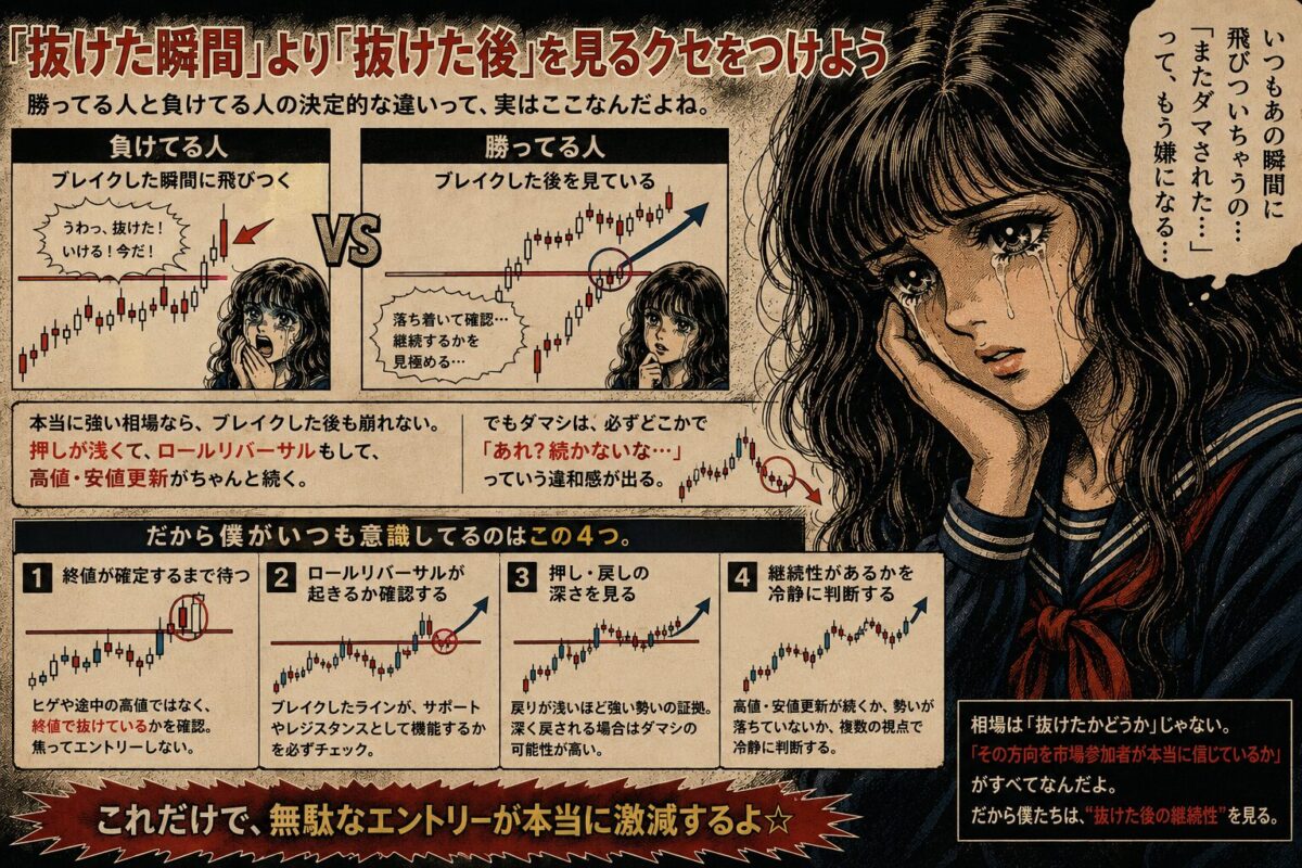 ブレイク後の継続性を見てフォールスブレイクアウトを見抜く方法を解説した昭和劇画風イラスト。終値確定やロールリバーサル確認の重要性を示している。