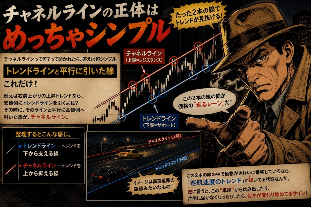 チャネルラインの基本構造を初心者向けに解説した昭和劇画風イラスト。トレンドラインと平行線による価格推移を説明している。