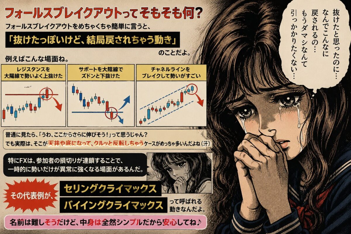 フォールスブレイクアウトとは何かを初心者向けに解説した図解。レジスタンス・サポート・チャネルラインのダマシを昭和劇画風で表現。