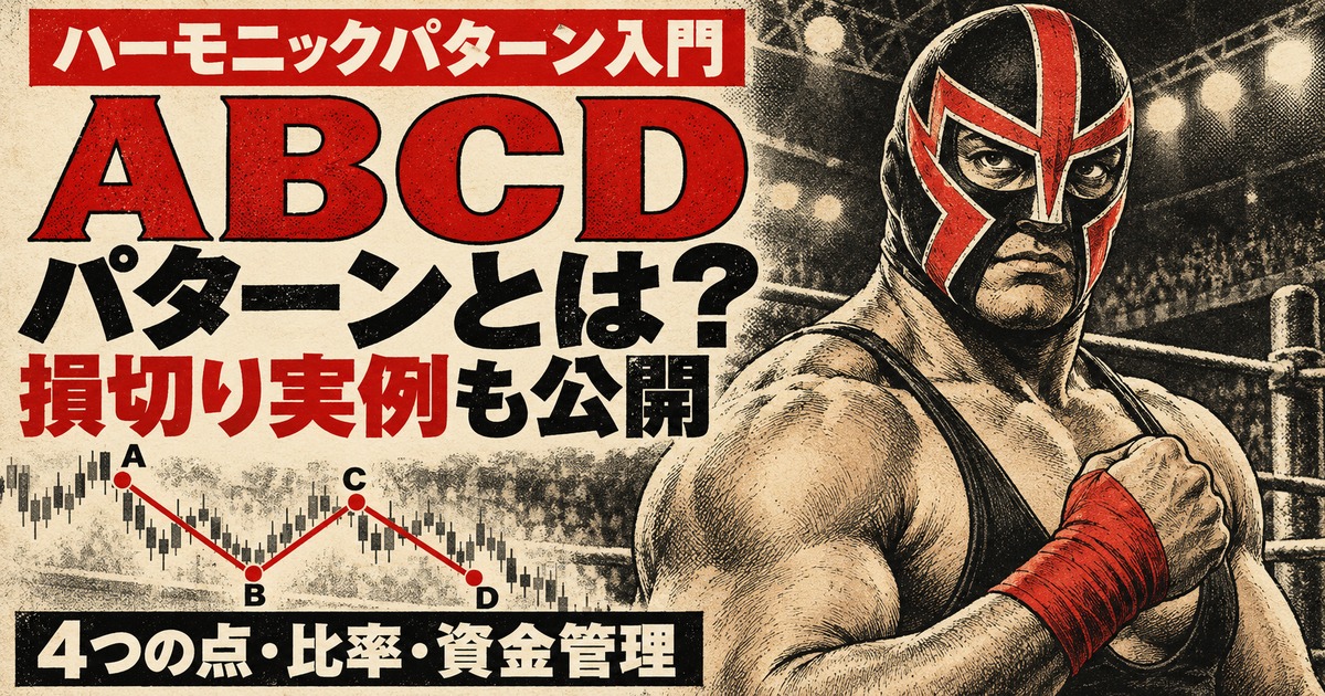 架空の覆面レスラーと4点のチャートを昭和劇画タッチで描いた、ABCDパターンの形・比率・資金管理と損切り実例を解説するアイキャッチ