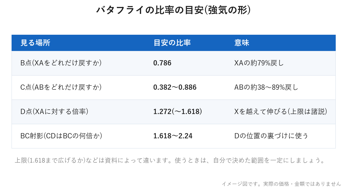 バタフライの比率の目安をまとめた表。B点は0.786、D点は1.272(〜1.618)