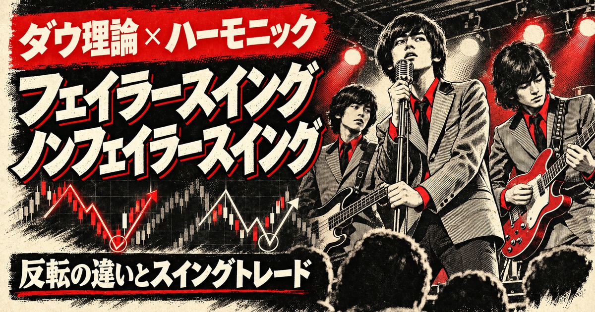 60年代のグループサウンズの演奏とチャートを昭和劇画タッチで描いた、フェイラースイングとノンフェイラースイングの違いを解説するアイキャッチ