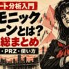70年代のセーラー服姿の不良少女とチャートを描いた、ハーモニックパターンの種類・比率・PRZ・使い方を解説するアイキャッチ
