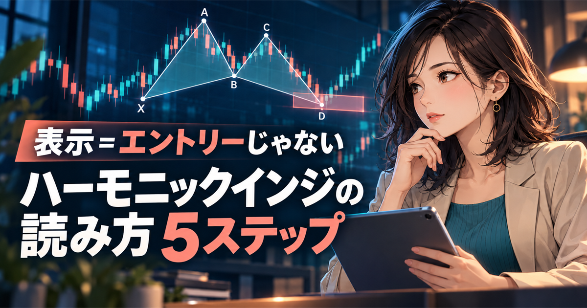 ハーモニックパターンのXABCDとPRZが表示されたチャートを、タブレットを持つ20代女性が確認しているアニメ風イラスト。画像内には「表示＝エントリーじゃない」「ハーモニックインジの読み方 5ステップ」と書かれている。