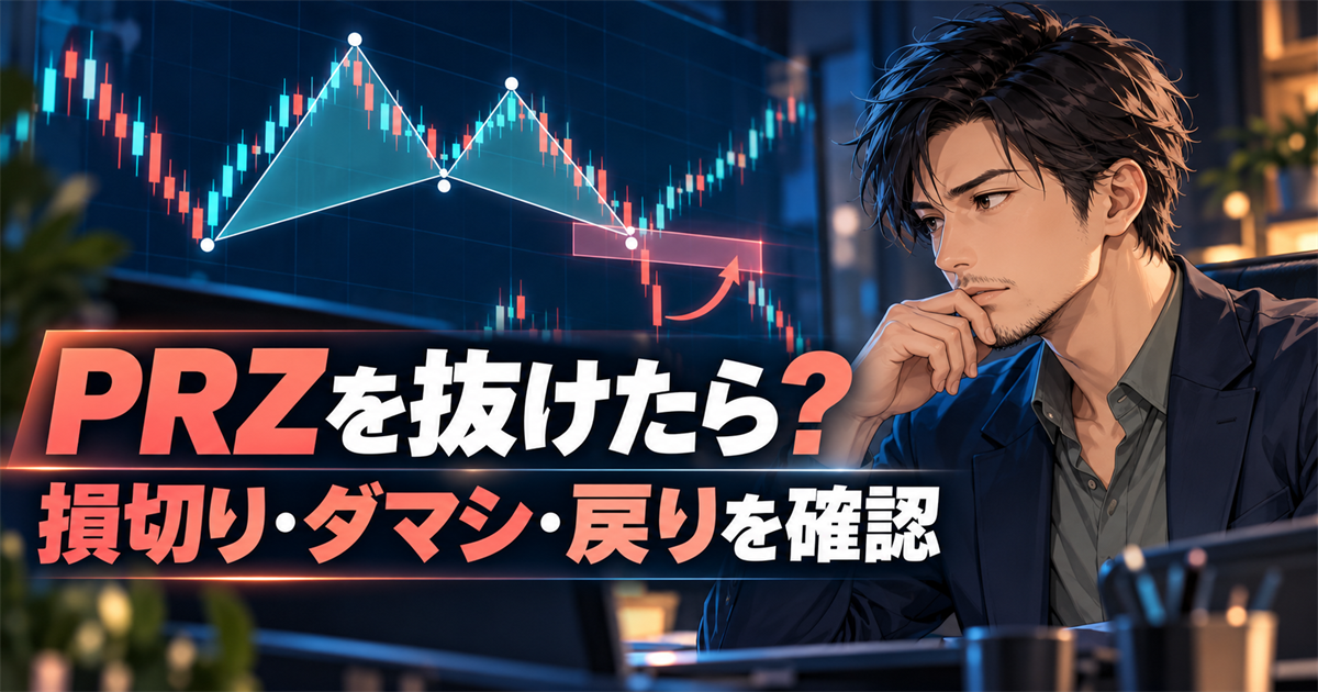 ハーモニックパターンのXABCDとPRZが表示されたチャートを、タブレットを持つ20代女性が確認しているアニメ風イラスト。画像内には「表示＝エントリーじゃない」「ハーモニックインジの読み方 5ステップ」と書かれている。