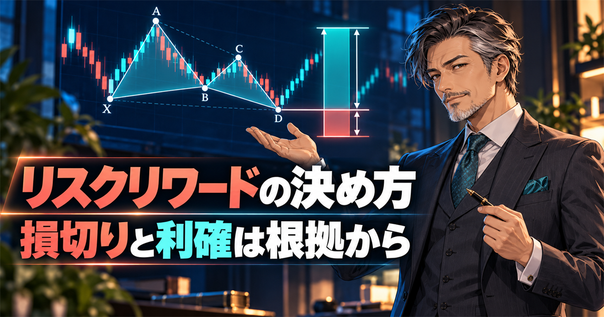 リスクとリワードを示す上下の幅とハーモニックパターンのチャートを、ダンディな50代男性が立って説明しているアニメ風イラスト。画像内には「リスクリワードの決め方」「損切りと利確は根拠から」と書かれている。