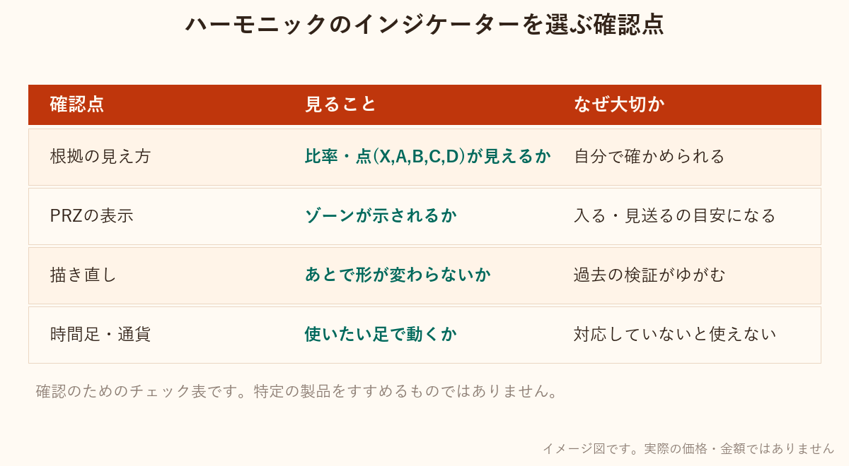 ハーモニックのインジケーターを選ぶときの確認点の表。根拠の見え方、PRZの表示、描き直し、時間足と通貨、通知