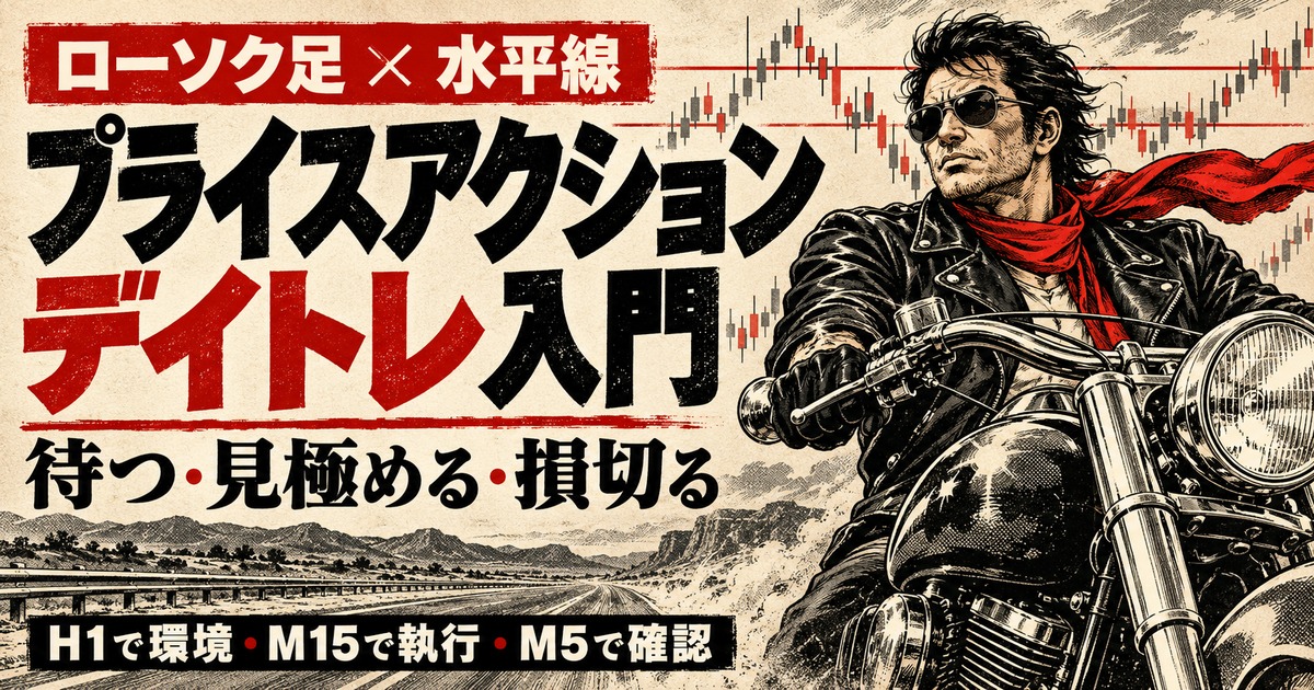 大型バイクに乗る架空のバイカーとローソク足・水平線を昭和劇画タッチで描いた、プライスアクションデイトレ入門のアイキャッチ