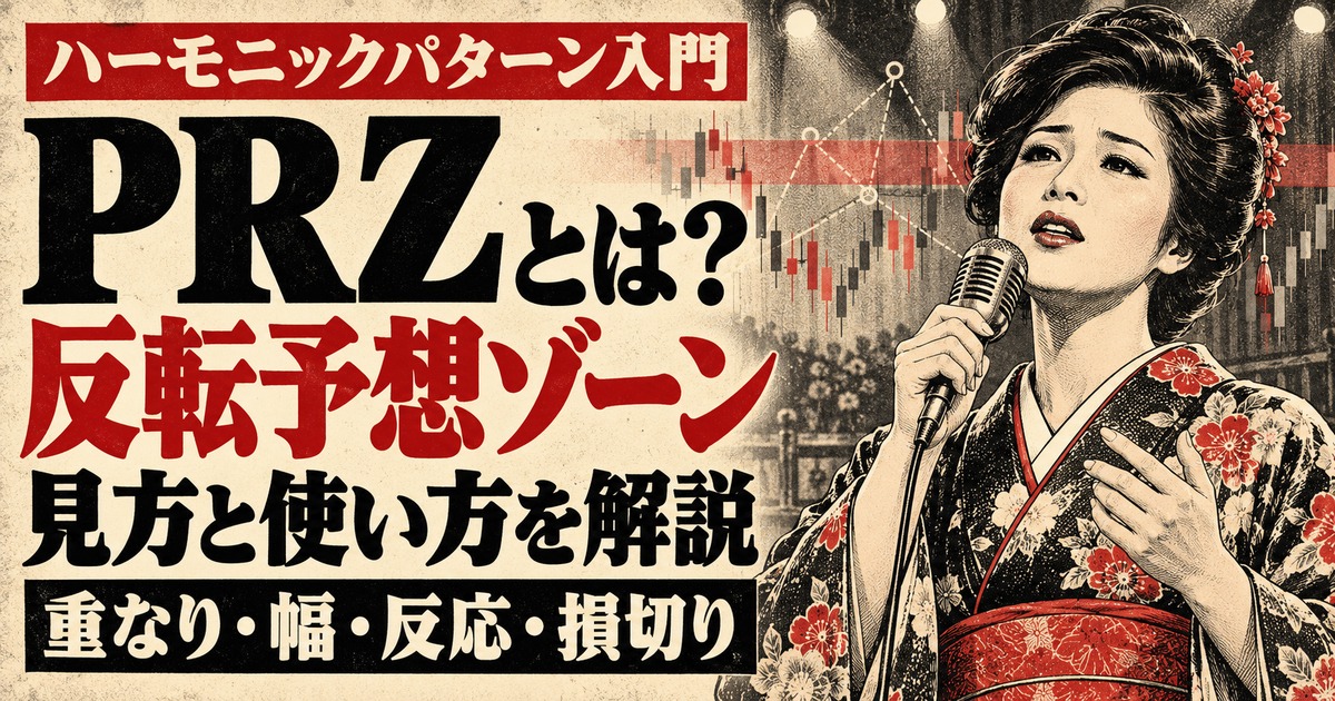 着物姿で歌う70年代の女性演歌歌手を昭和劇画タッチで描いた、PRZ（反転予想ゾーン）の見方・使い方・注意点を解説するアイキャッチ